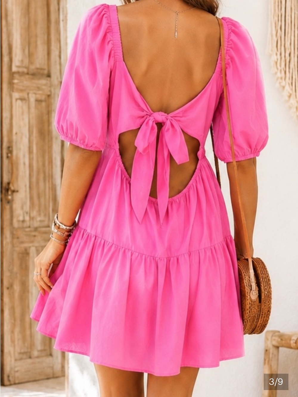 NWT OwnGigi Hot Pink Open Back Puff Sleeve Mini Dress Size S